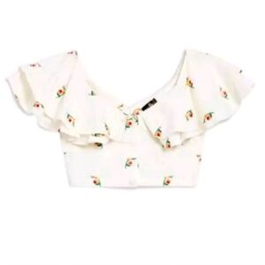 Topshop Cropped Women's White Floral Blouse Flowy Sleeves Size 10 NWT B37#16